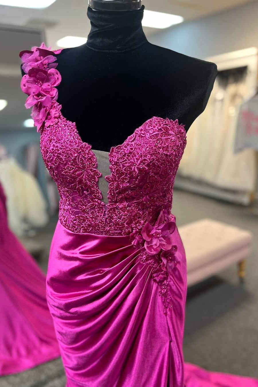 Red One-Shoulder 3D Floral Lace Pleated Long Gown with Slit - Prom Dress - DYAVOR®
