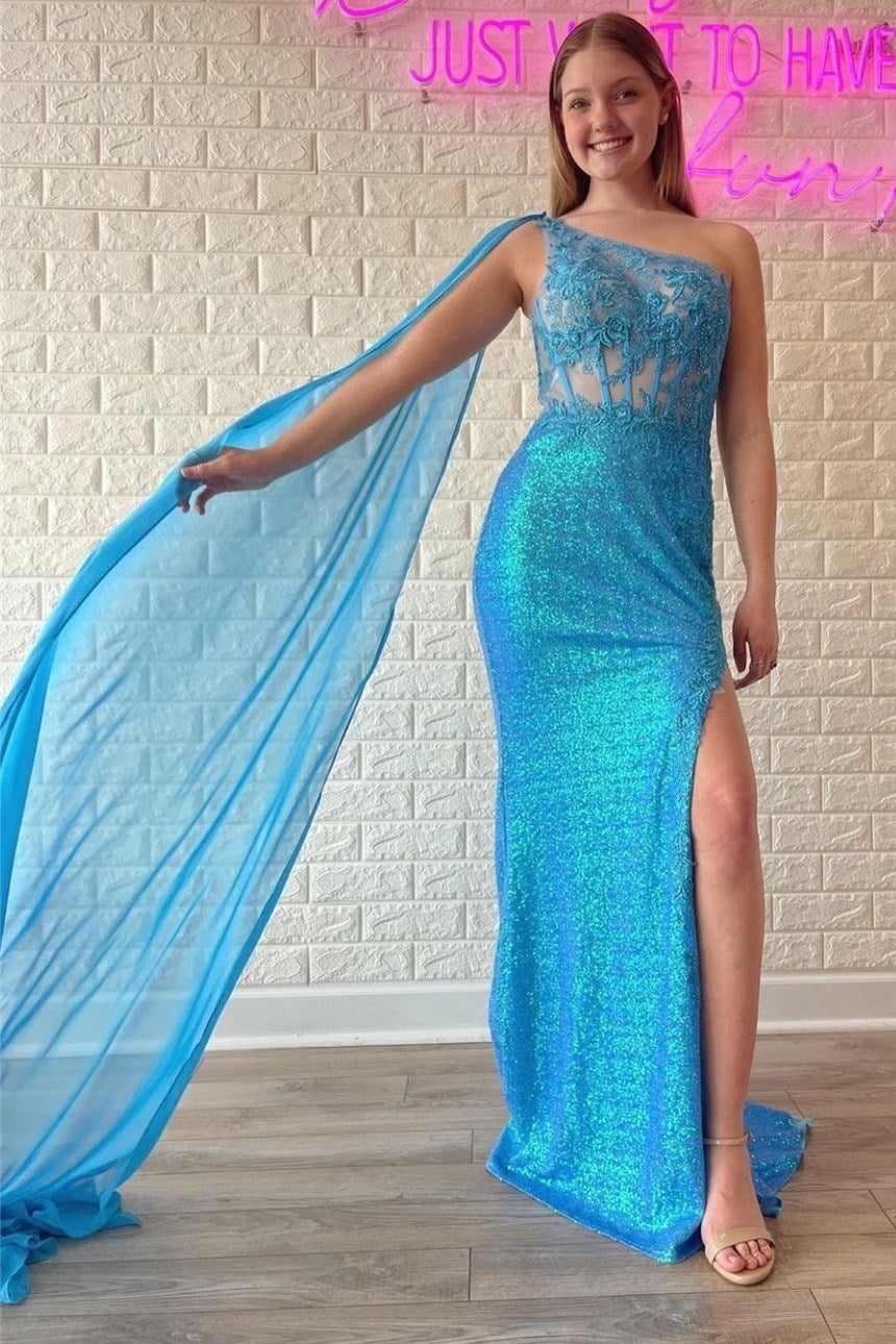 Green Sequin Lace One-Shoulder Long Formal Dress with Attached Train - Prom Dress - DYAVOR®