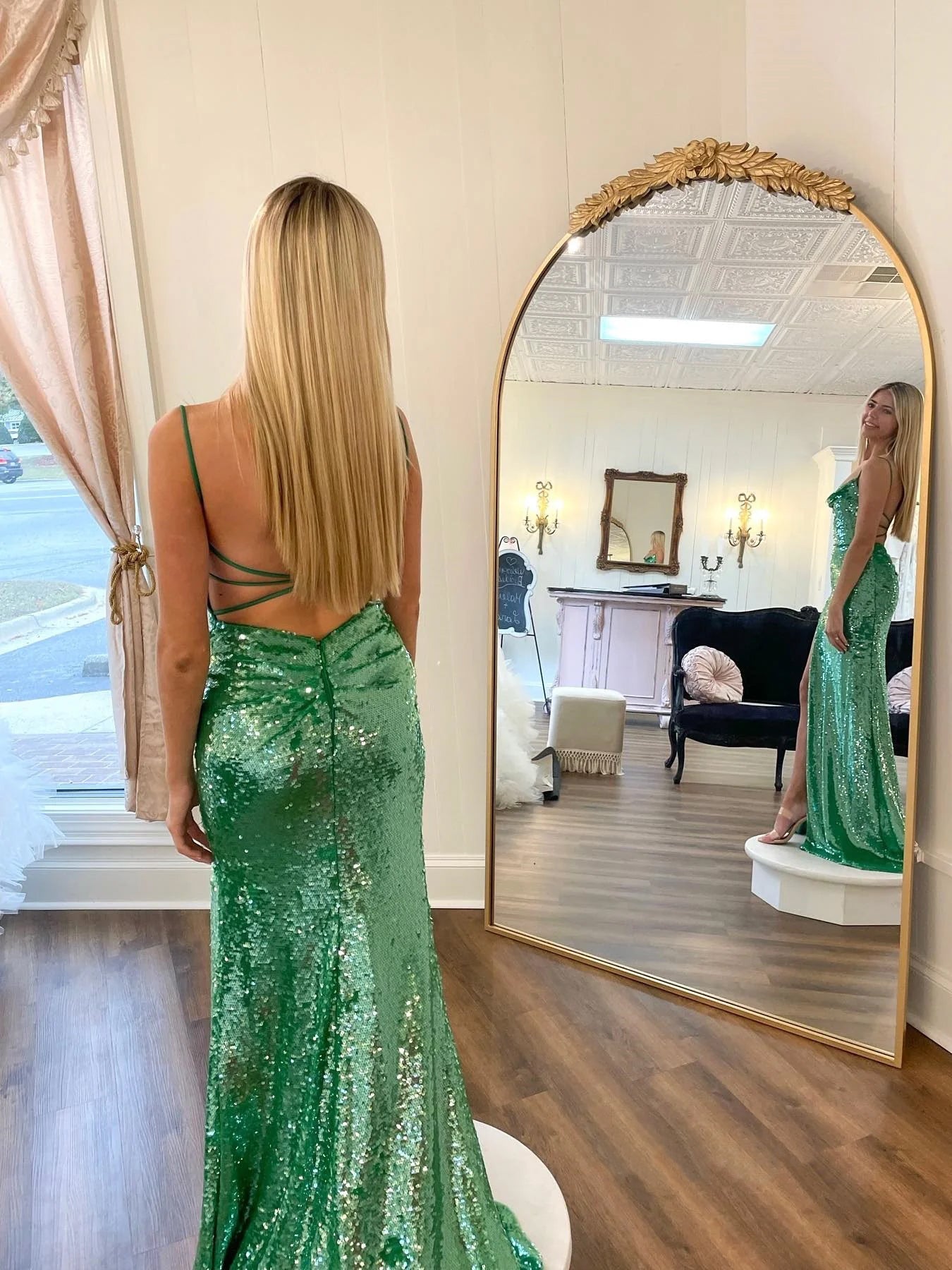 River | Chic Elegant Spaghetti Straps Long Prom Dresses Sage Sequins Evening Dress - Prom Dress - DYAVOR®