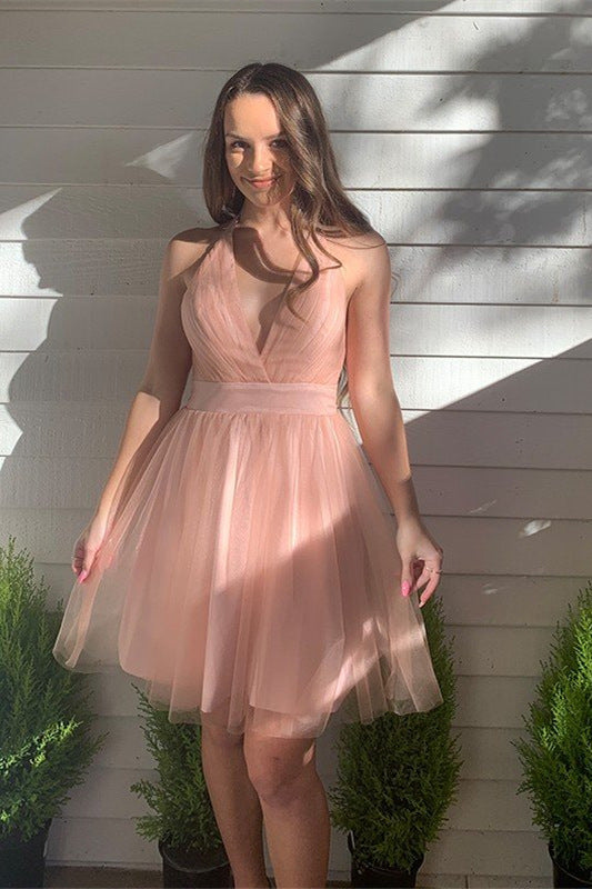 Winifred |A-line Blush Deep V-Neck Tulle Homecoming Dress - Homecoming Dress - DYAVOR®
