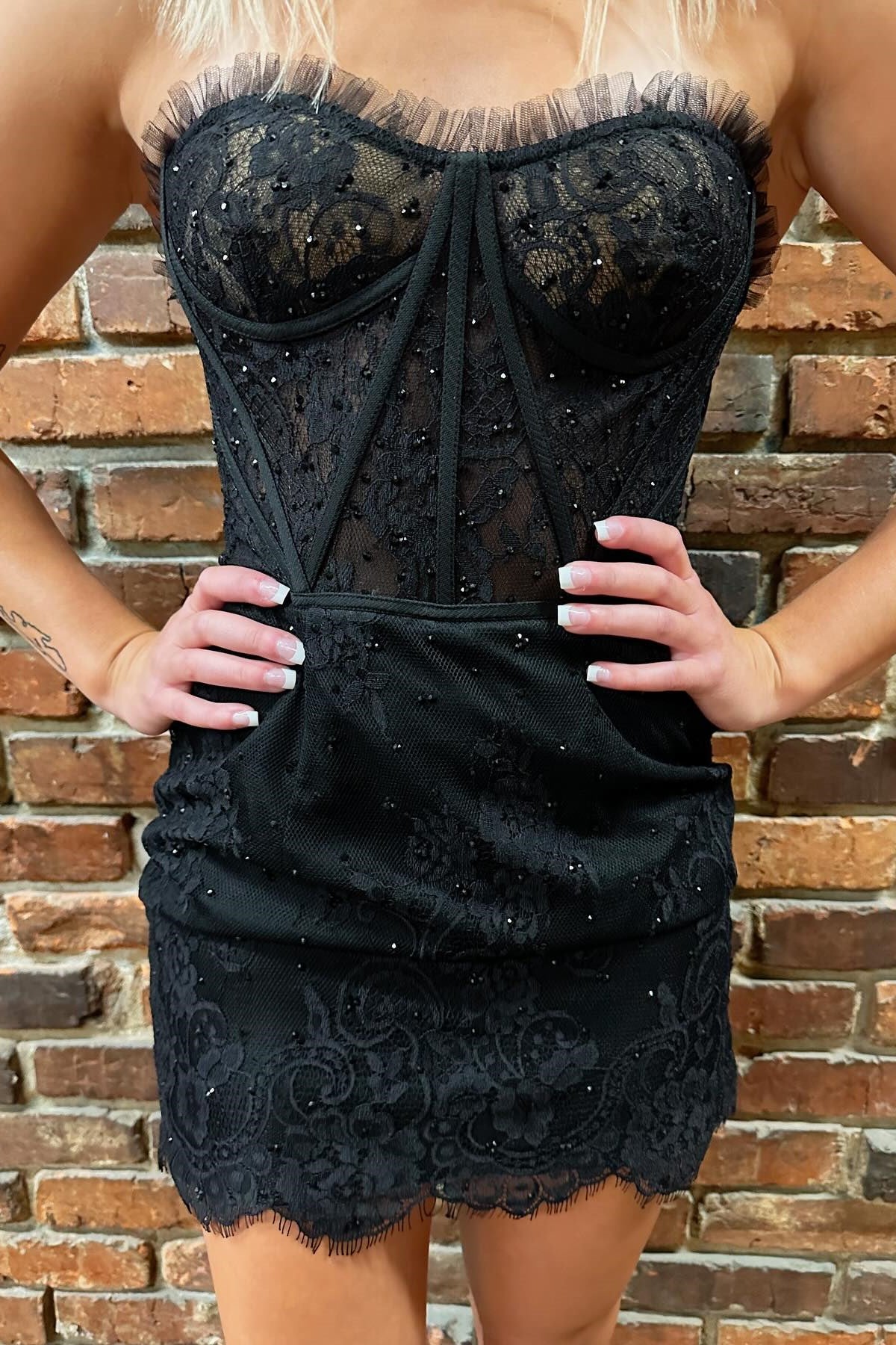 Amber | Black Strapless Eyelash Lace Short Dress - Prom Dress - DYAVOR®