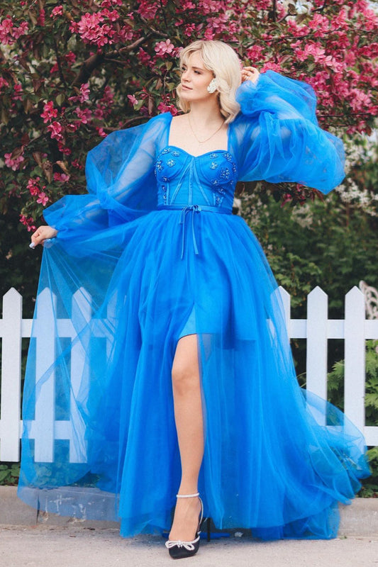 Adelynn |A line Long Sleeves Satin Tulle Prom Dress with Slit - Prom Dress - DYAVOR®