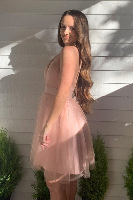 Winifred |A-line Blush Deep V-Neck Tulle Homecoming Dress - Homecoming Dress - DYAVOR®