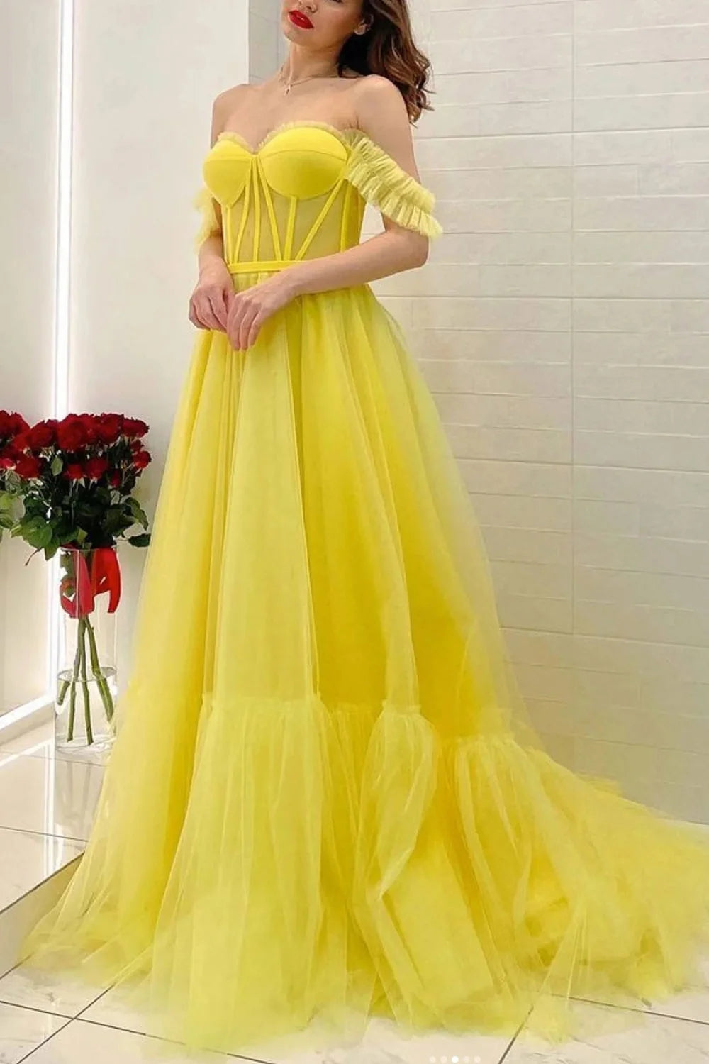 Lexie | A Line Off the Shoulder Yellow Corset Prom Dress - prom dress - DYAVOR®