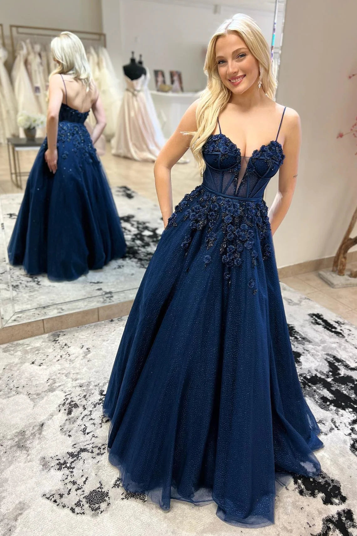 Avalynn | Navy Blue Straps Plunging V Floral Beaded Long Prom Dress - prom dress - DYAVOR®