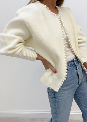 'Pearl Buttons' White Cardigan - - DYAVOR®