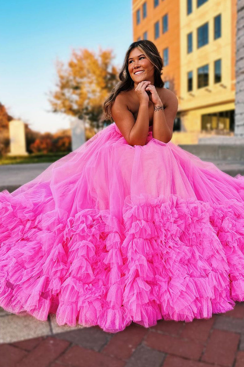 Rachael | Pink Sweetheart Tiered Tulle Long Prom Dresses - Prom Dresses - DYAVOR®
