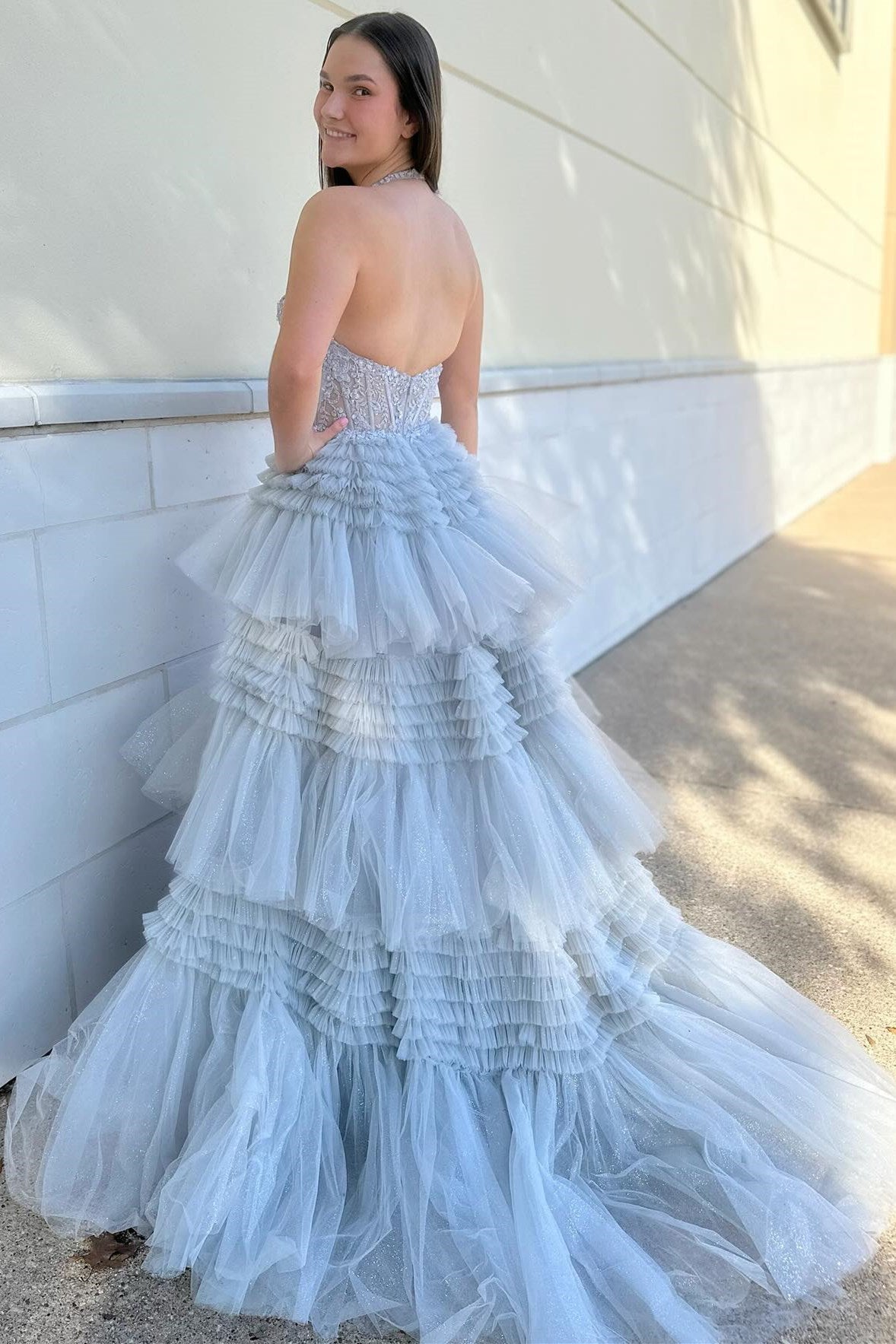 Red Tulle Appliques Halter Ruffle Tiered Ball Gown - Prom Dress - DYAVOR®
