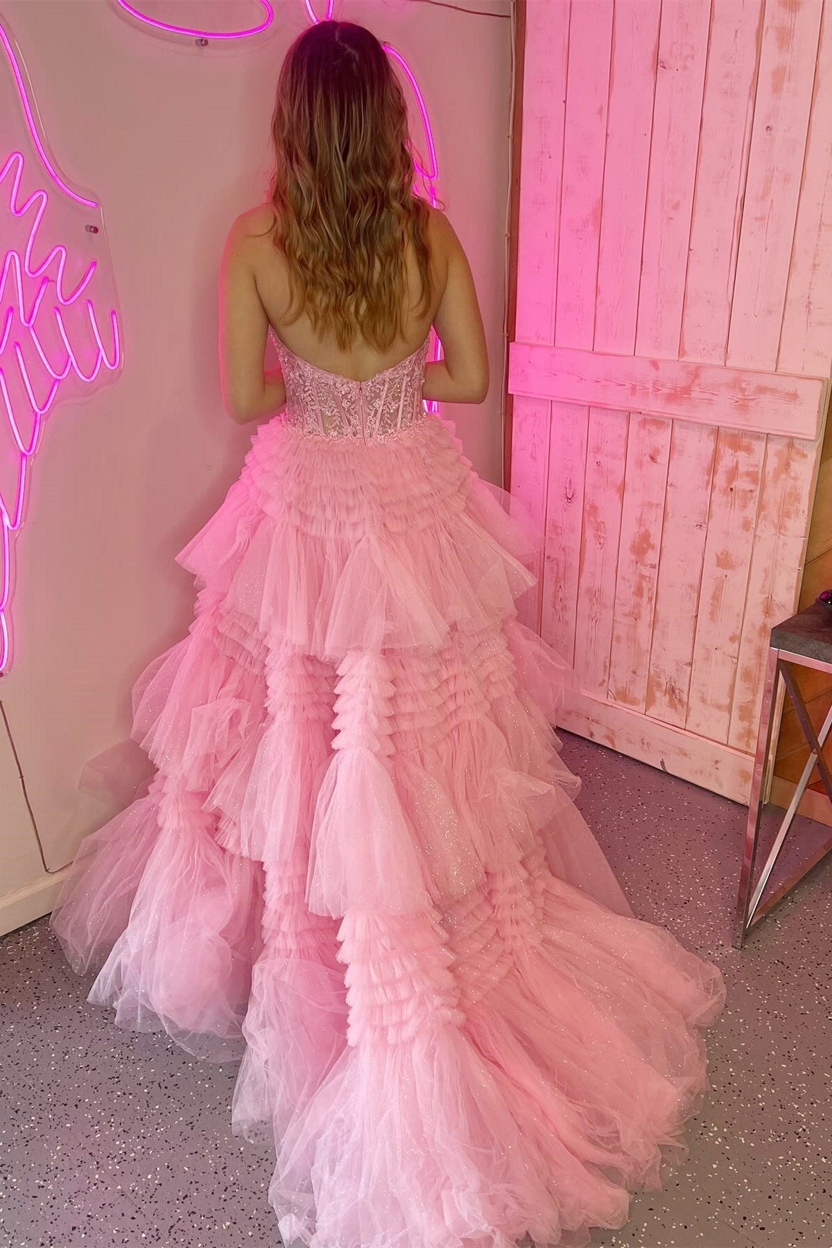 Red Tulle Appliques Halter Ruffle Tiered Ball Gown - Prom Dress - DYAVOR®