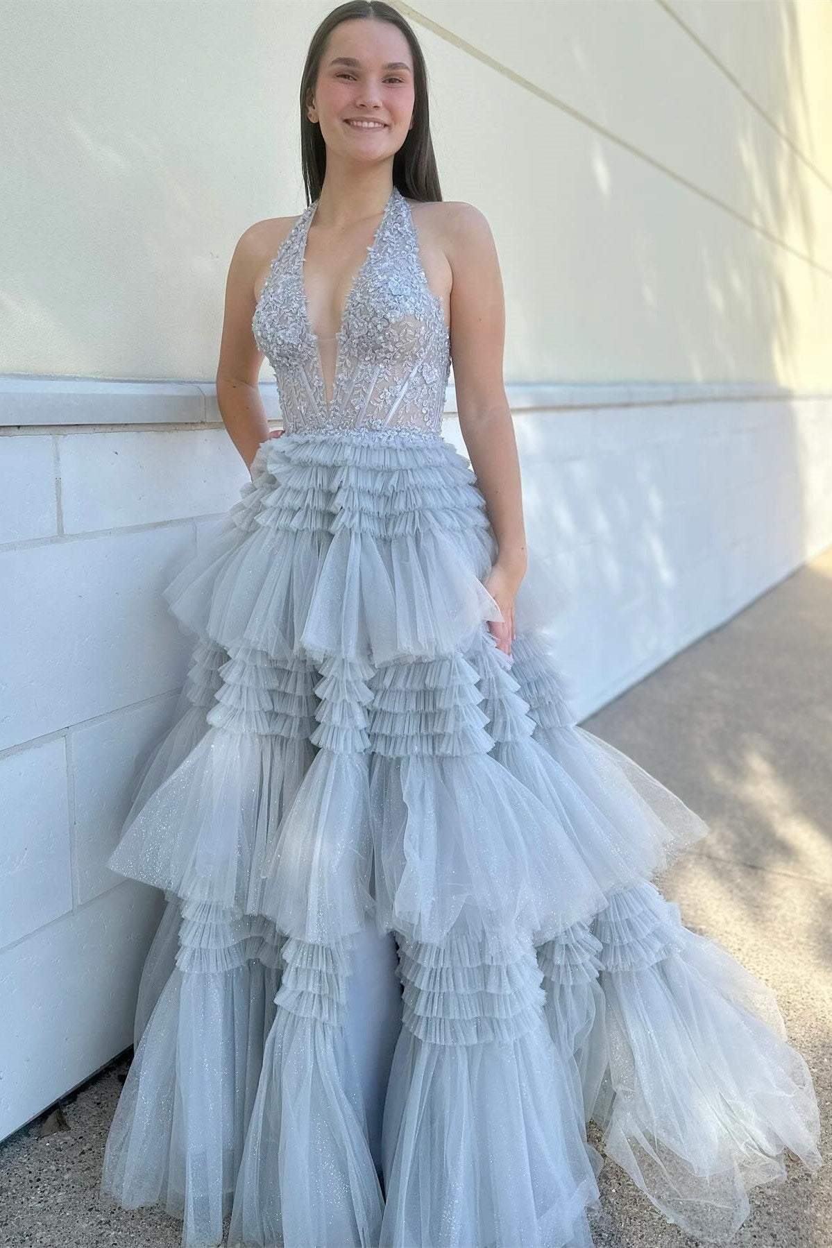 Red Tulle Appliques Halter Ruffle Tiered Ball Gown - Prom Dress - DYAVOR®