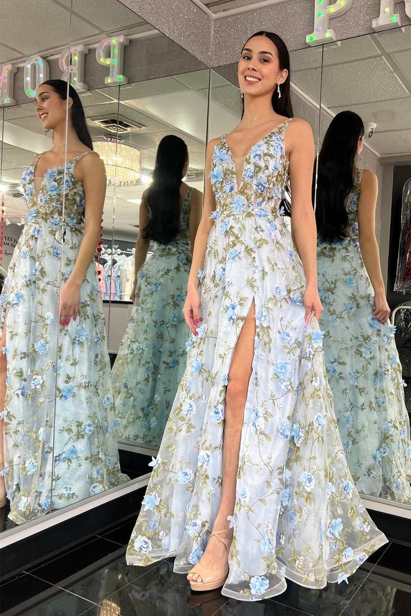 Light Blue Organza Plunge V A-Line Long Prom Dress with 3D Floral Lace - Prom Dress - DYAVOR®