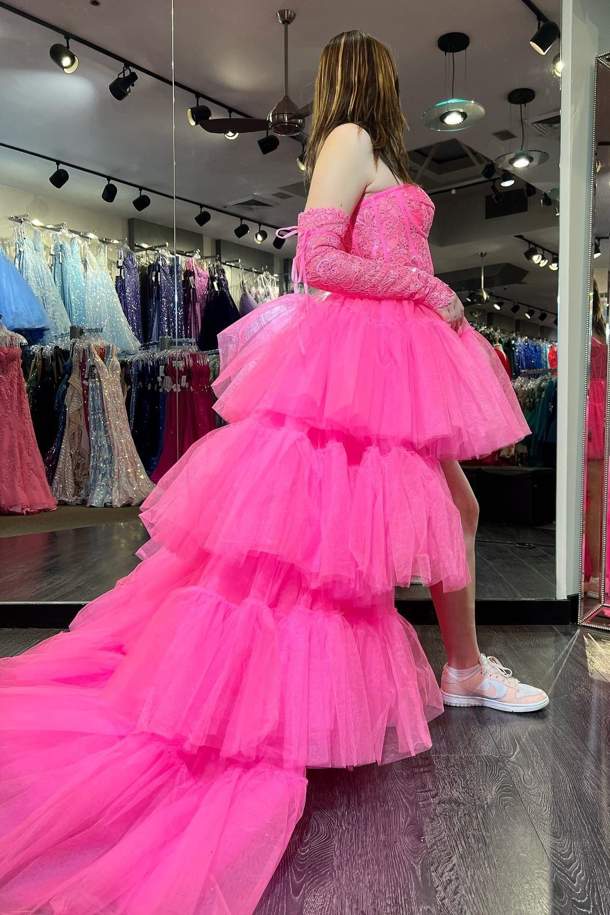 Sue | Hot Pink Off-Shoulder A-line Tulle Layers Applique Hi-Low Prom Dress - Prom Dress - DYAVOR®
