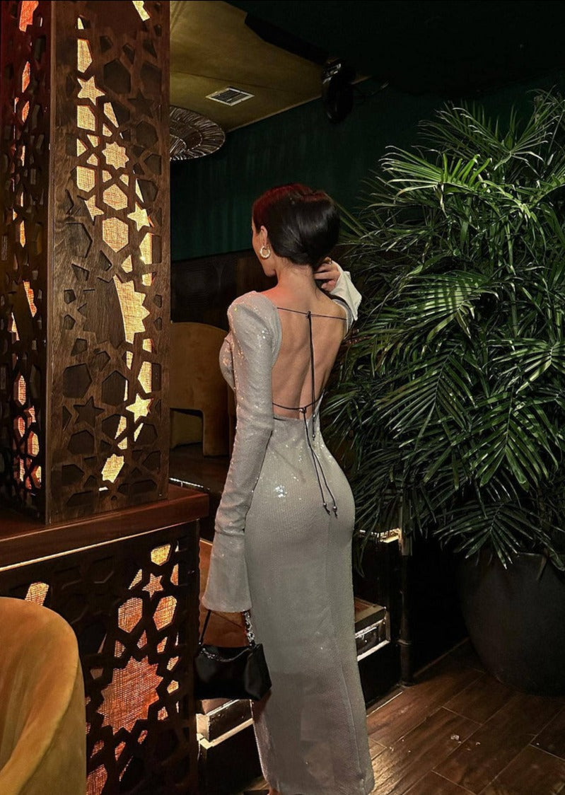 Sequined Lavender Maxi Dress with Open Back - - DYAVOR®