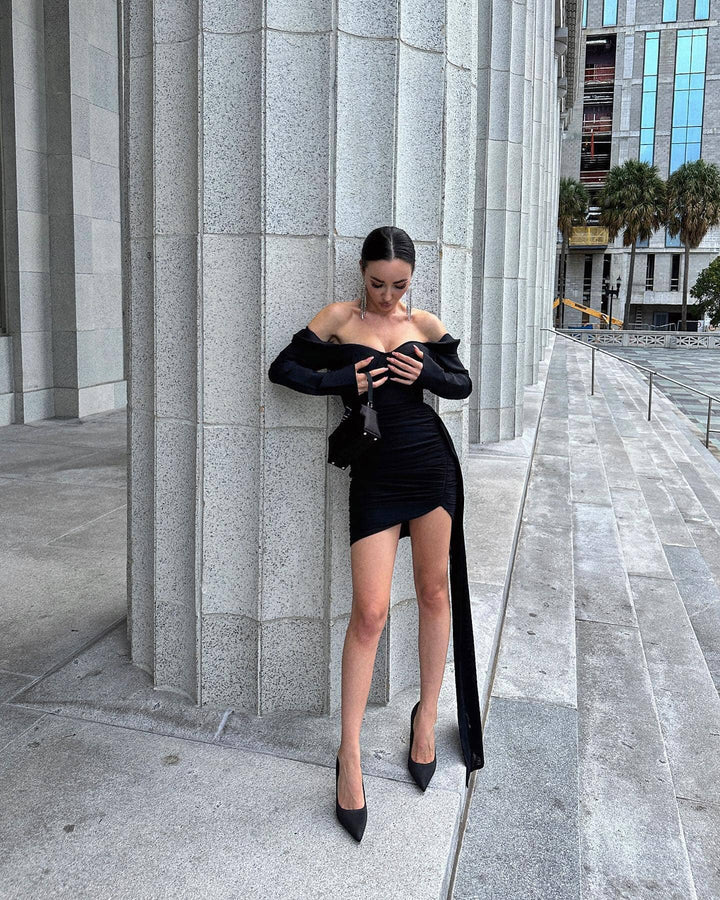 Train Side Black Mini Dress - - DYAVOR®