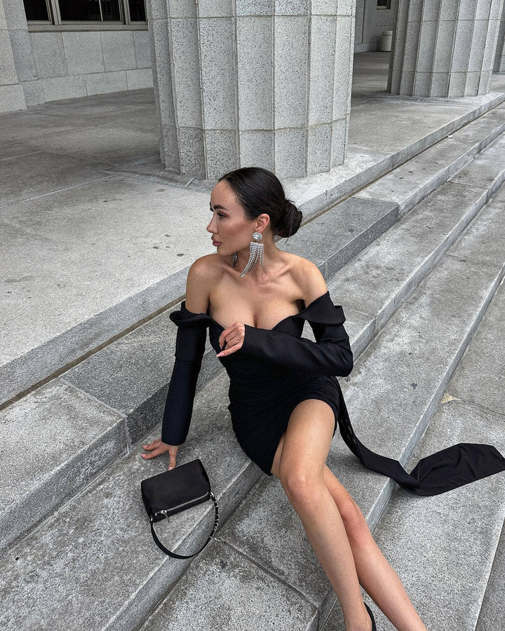 Train Side Black Mini Dress - - DYAVOR®