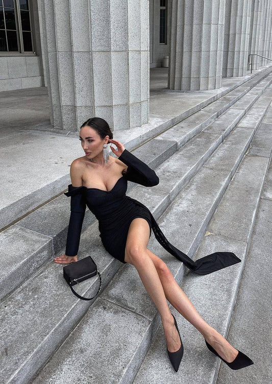 Train Side Black Mini Dress -  - DYAVOR®