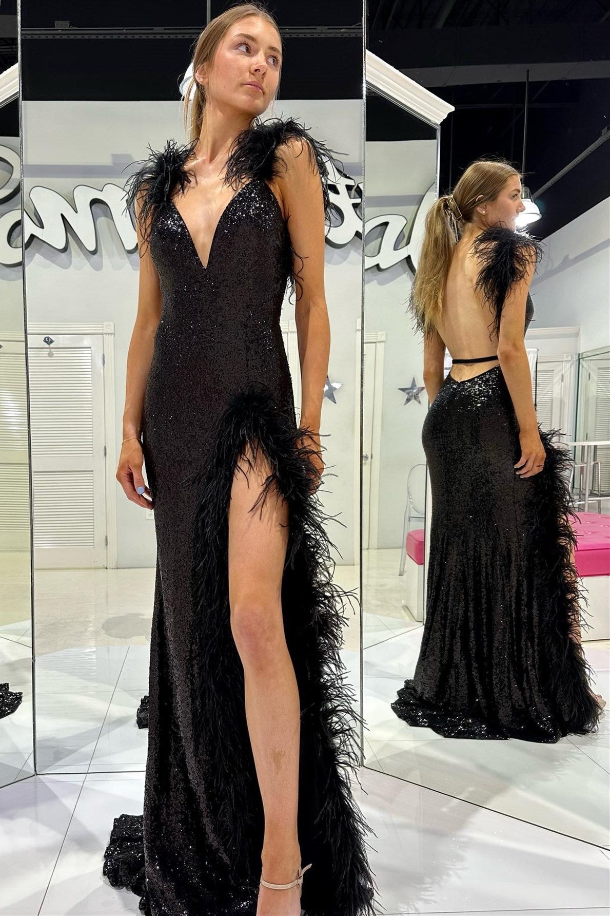 Ivory Sequin V-Neck Mermaid Long Prom Dress with Feathers - Prom Dress - DYAVOR®