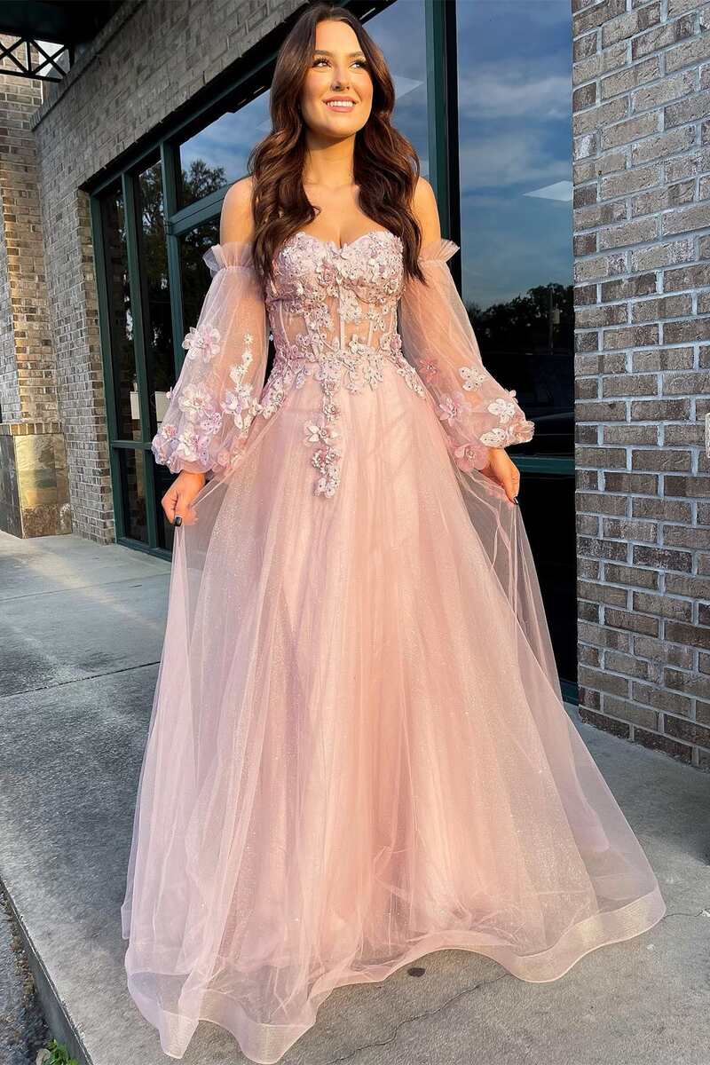 Pink Tulle Strapless A-Line Prom Dress with Balloon Sleeves - Prom Dress - DYAVOR®