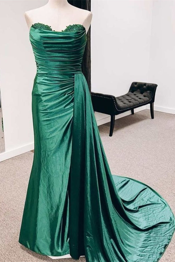 Fuchsia Strapless Mermaid Satin Pleated Long Prom Dress - prom dress - DYAVOR®