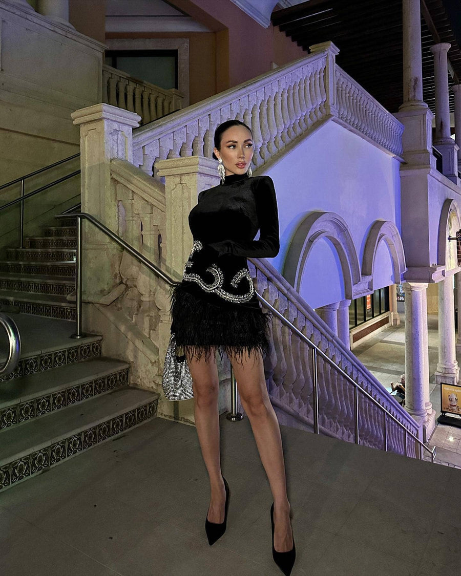 Black Velvet Mini Dress with Glove Sleeves - - DYAVOR®