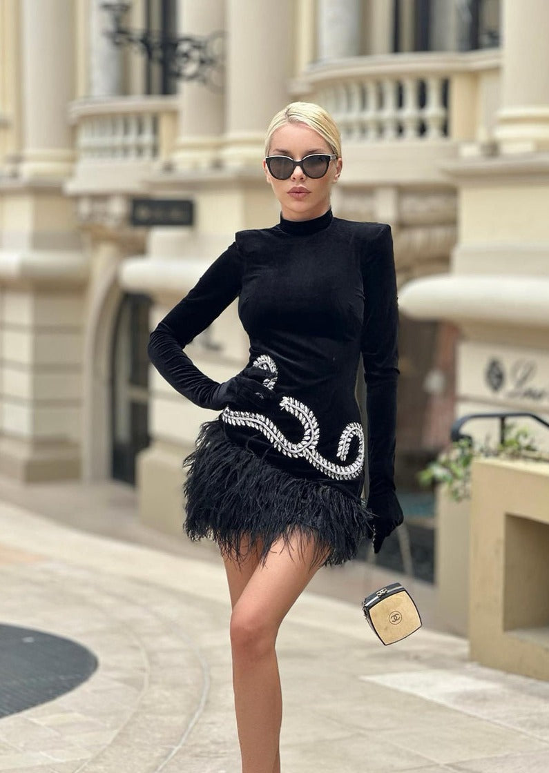Black Velvet Mini Dress with Glove Sleeves - - DYAVOR®