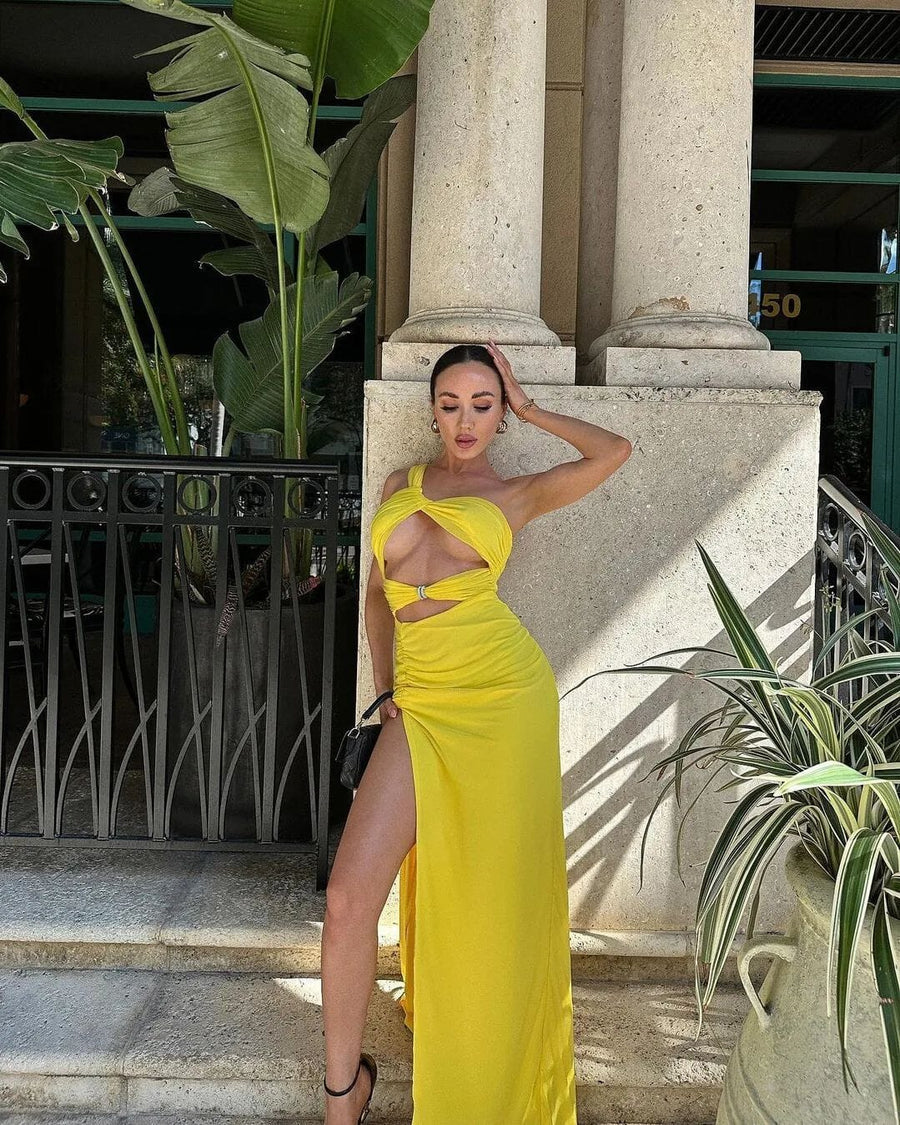 Yellow One-Shoulder Maxi Dress with Cutouts - - DYAVOR®