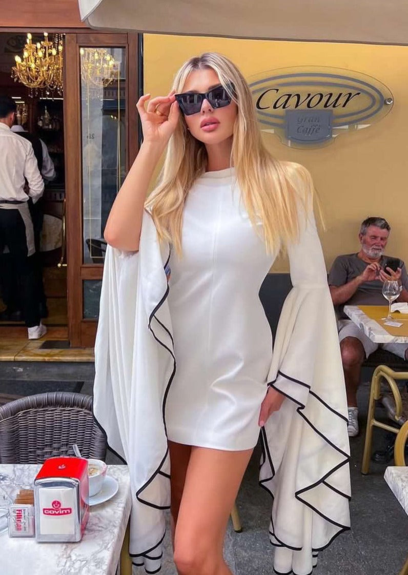 White Mini Dress with Long Ruffle Sleeves - - DYAVOR®