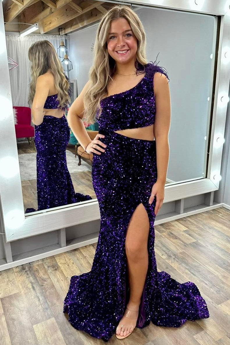 Paola | Sequin Feather One-Shoulder Mermaid Long Dress with Slit - Prom Dress - DYAVOR®
