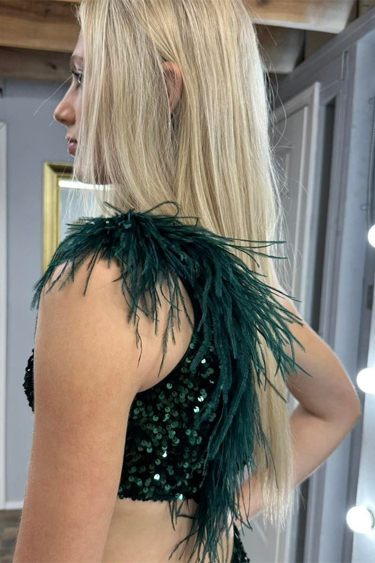Paola | Sequin Feather One-Shoulder Mermaid Long Dress with Slit - Prom Dress - DYAVOR®