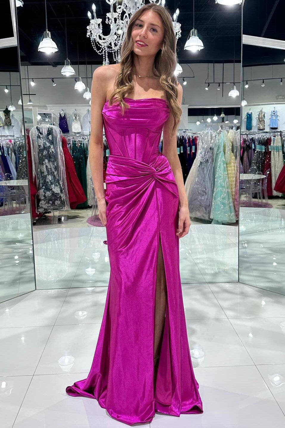 Leslie | Red Strapless Twist-Front Mermaid Long Dress with Slit - Prom Dress - DYAVOR®