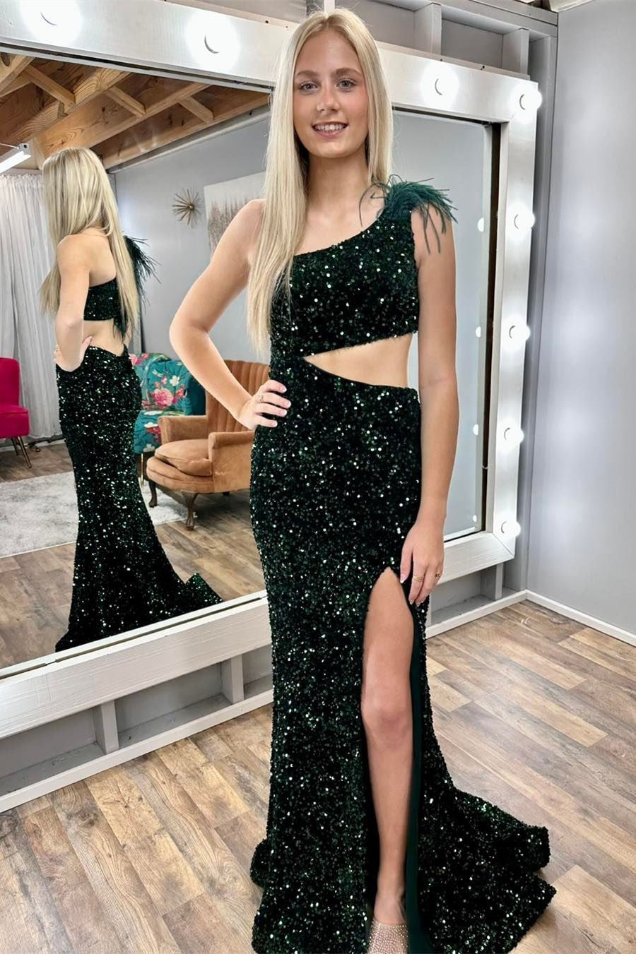 Paola | Sequin Feather One-Shoulder Mermaid Long Dress with Slit - Prom Dress - DYAVOR®