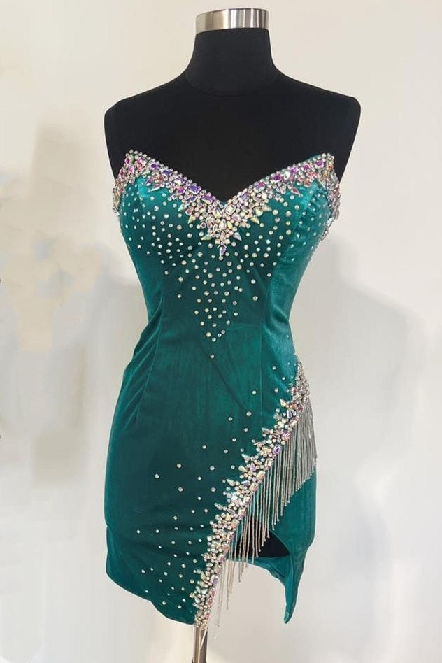 Blaire | Black Velvet Strapless Beaded Short Cocktail Dress with Tassels - Prom Dress - DYAVOR®