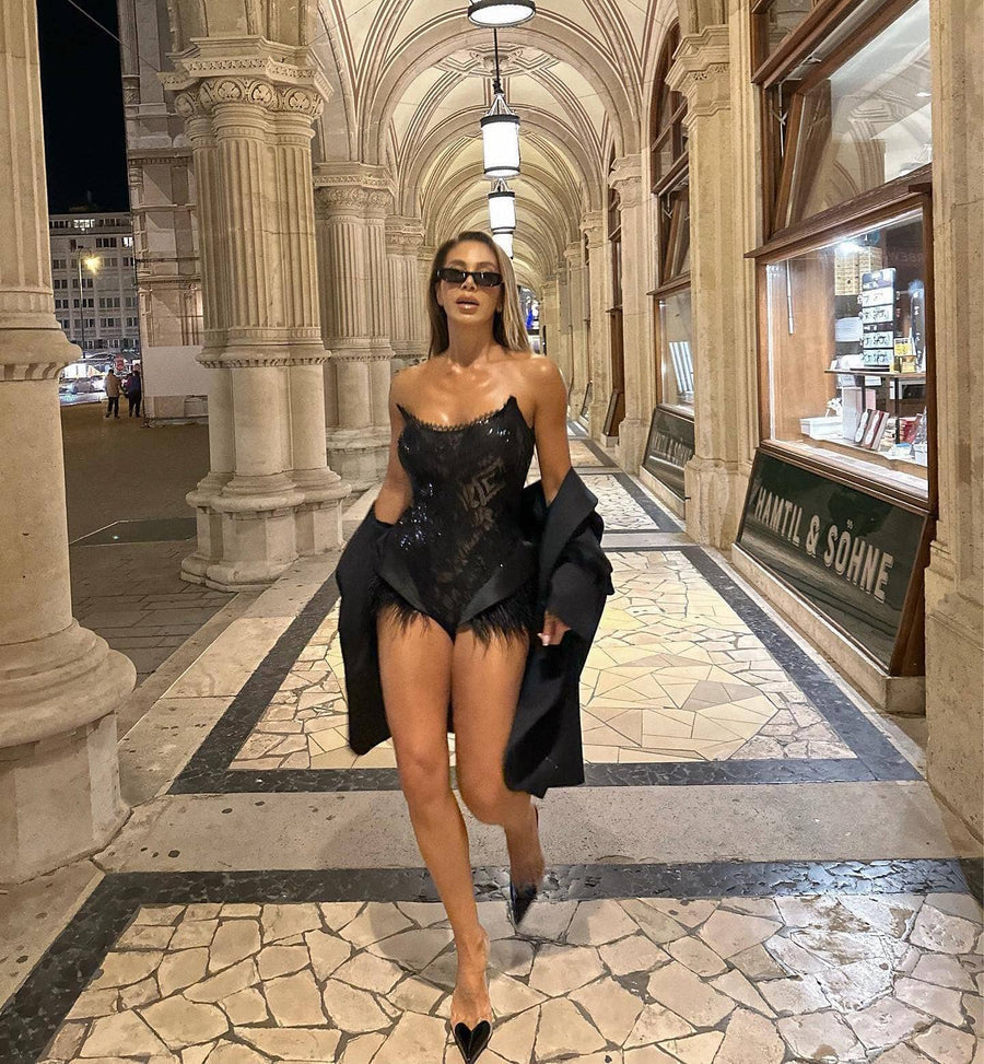 Sequin Bodysuit with Feathers - Bodysuit - DYAVOR®