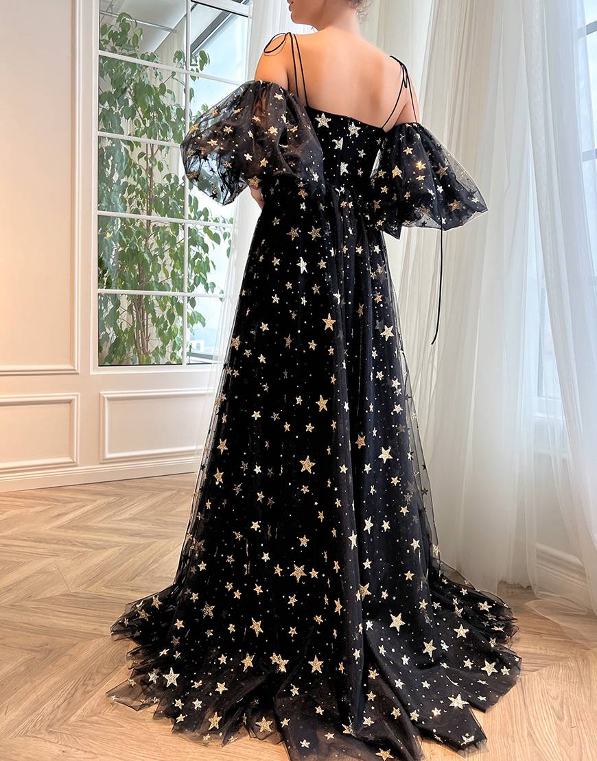 Tara | Side Slit Black Prom Dress with Stars - Prom Dress - DYAVOR®