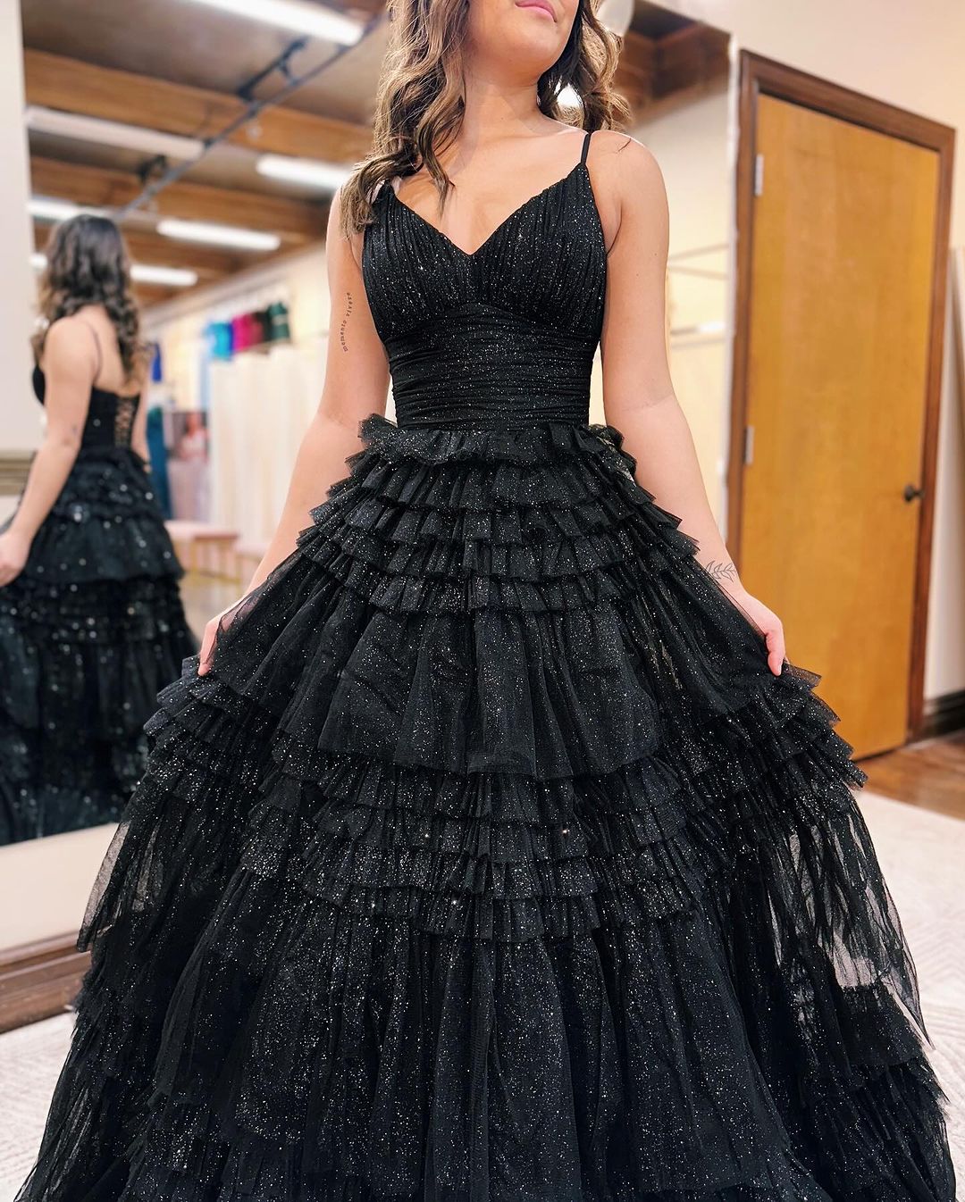 Emerson | Black A-Line Deep V Neck Tiered Long Glitter Tulle Prom Dress - Prom Dress - DYAVOR®