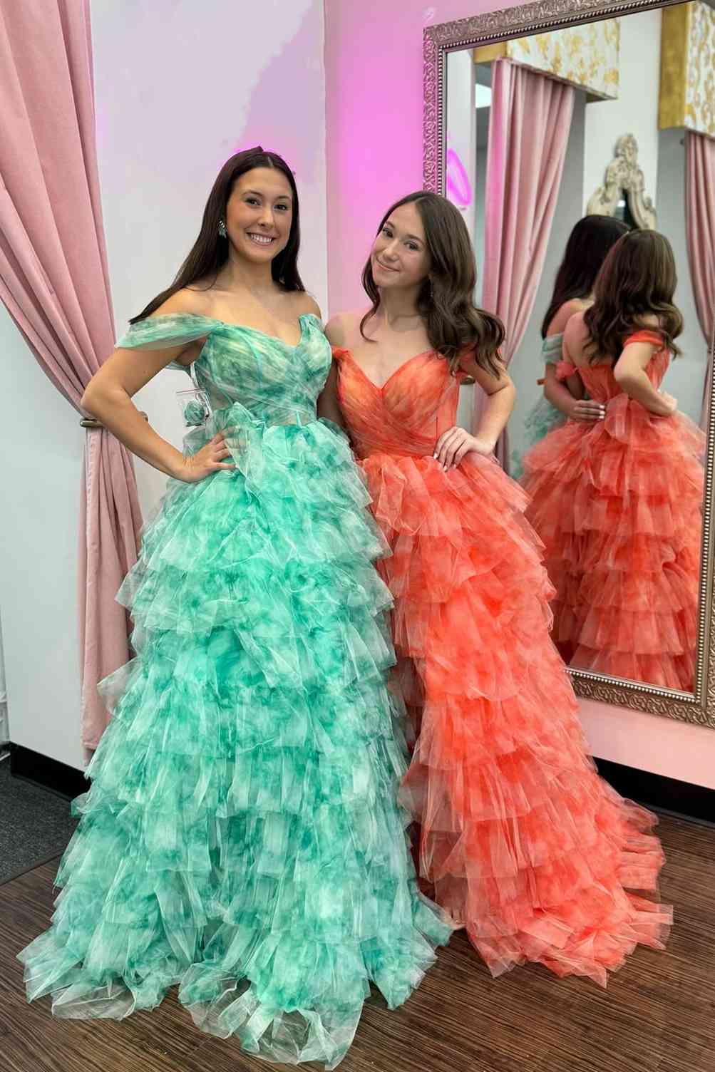 Bettie | Off the Shoulder Coral Print Tiered Long Prom Dress - Prom Dress - DYAVOR®