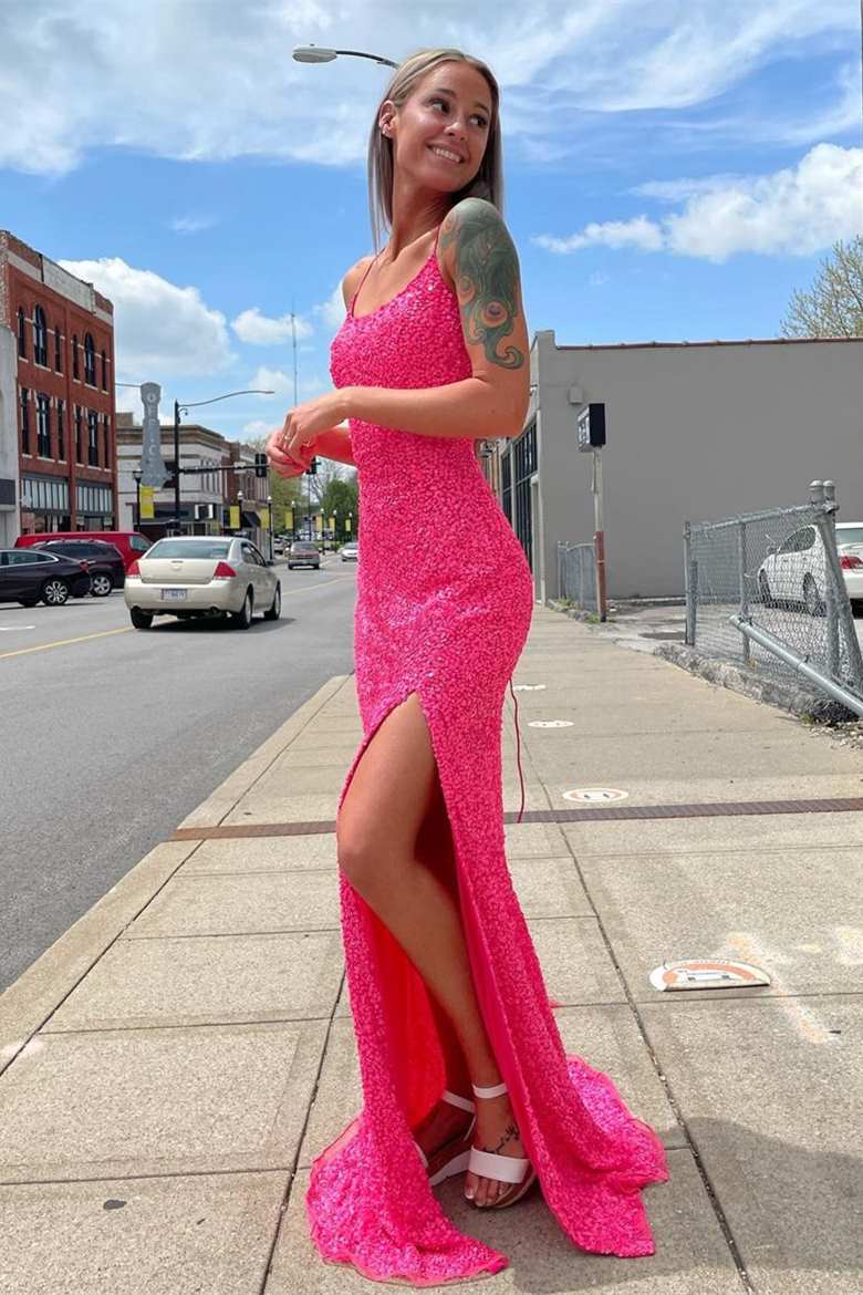 Glitter Straps Hot Pink Sequins Prom Gown with Slit - Prom Dresses - DYAVOR®