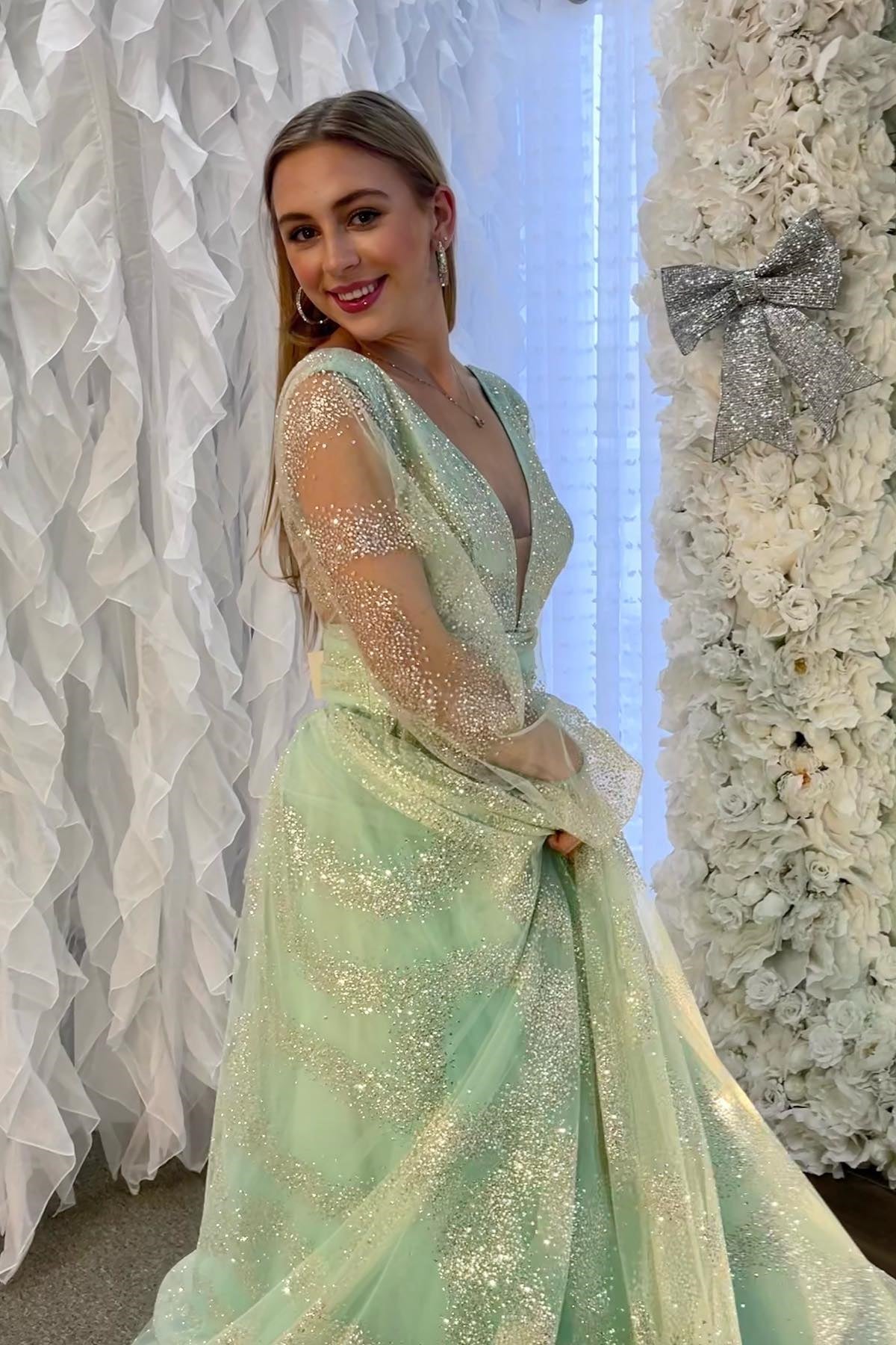Sandy | Dusty Sage Plunging V Neck Illusion Sleeves Beaded Long Prom Dress - Prom Dress - DYAVOR®