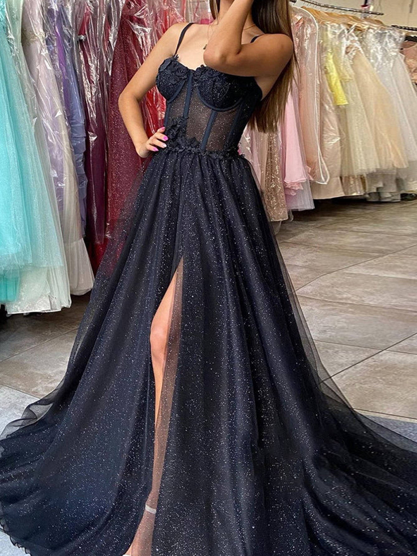 Keily |A-line Spaghetti Straps Glitter Tulle Prom Dress - Prom Dress - DYAVOR®