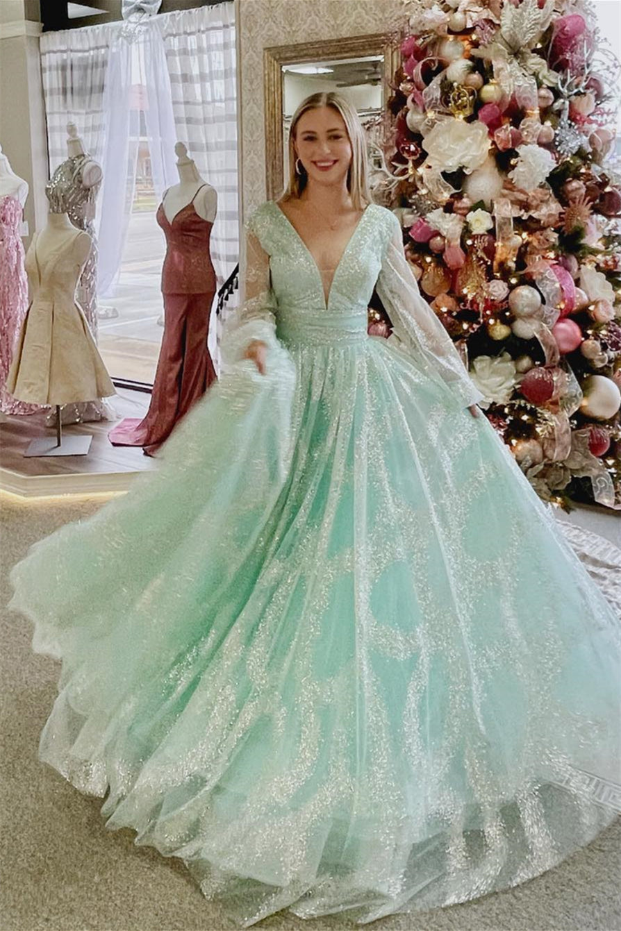 Sandy | Dusty Sage Plunging V Neck Illusion Sleeves Beaded Long Prom Dress - Prom Dress - DYAVOR®