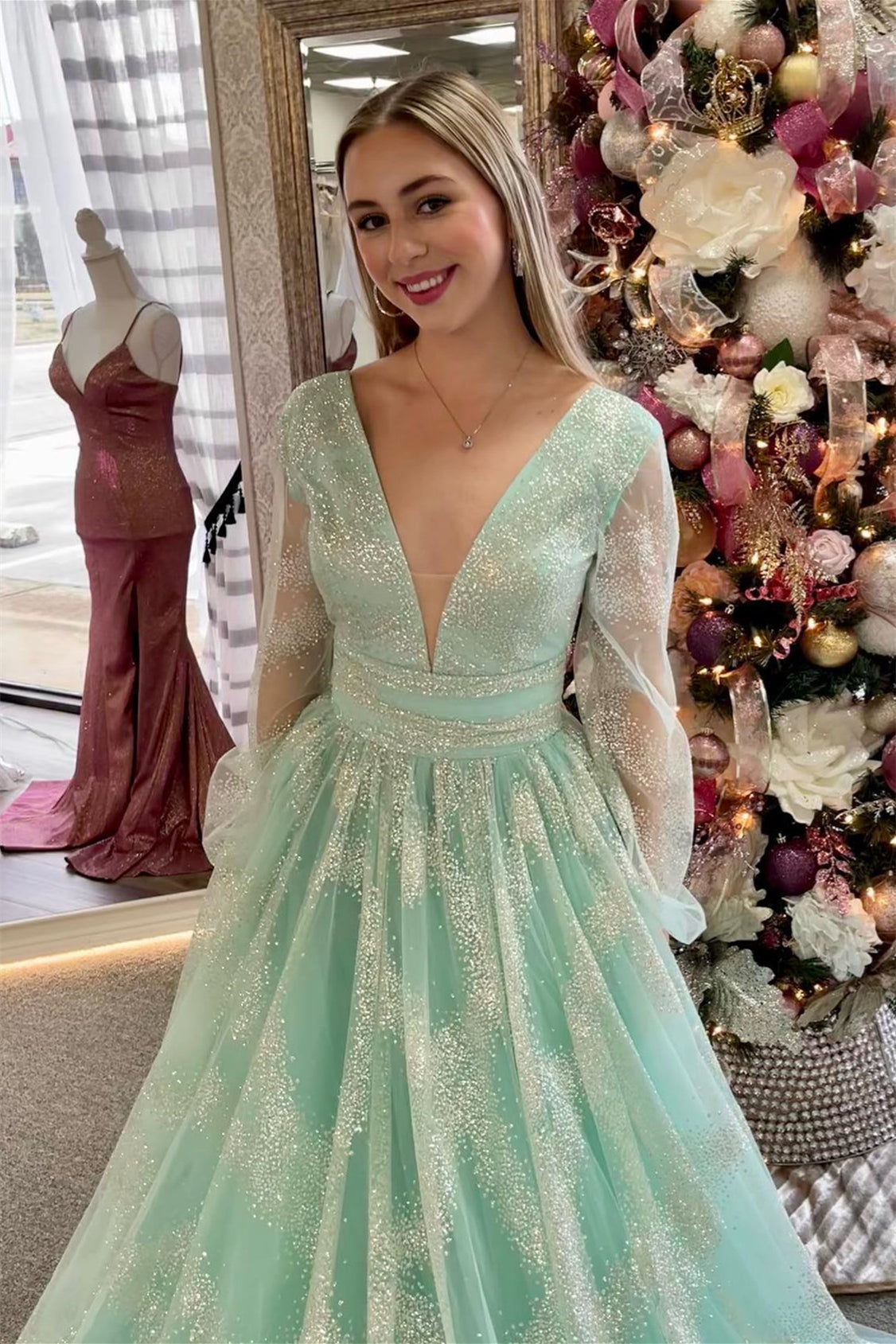 Sandy | Dusty Sage Plunging V Neck Illusion Sleeves Beaded Long Prom Dress - Prom Dress - DYAVOR®