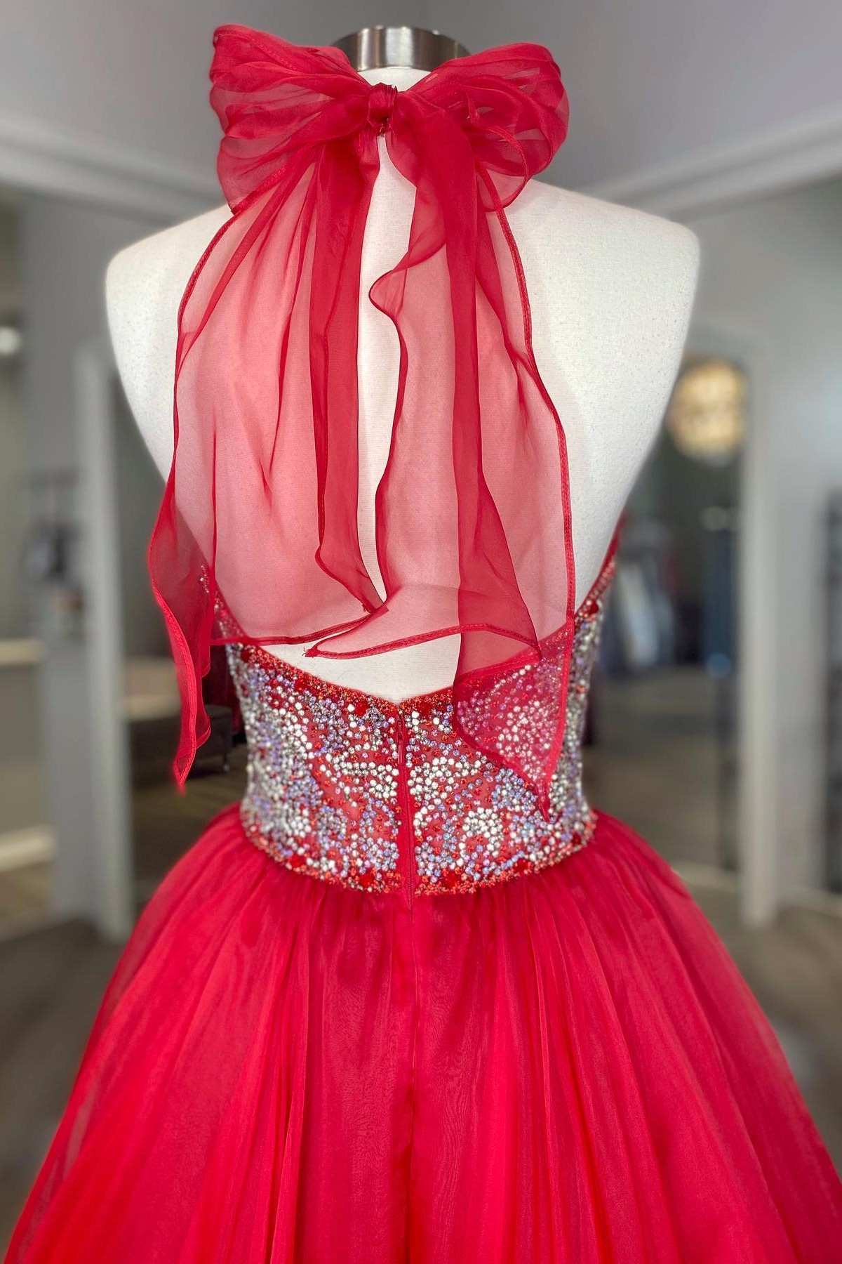 Red Beaded Halter Backless A-Line Long Prom Gown - Prom Dress - DYAVOR®