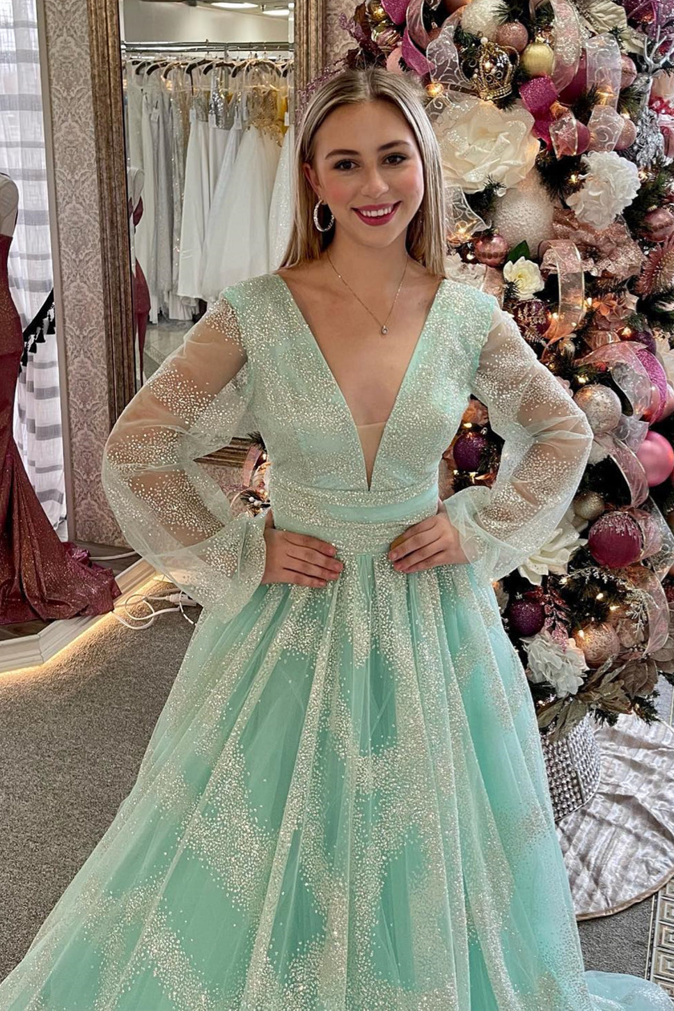 Sandy | Dusty Sage Plunging V Neck Illusion Sleeves Beaded Long Prom Dress - Prom Dress - DYAVOR®