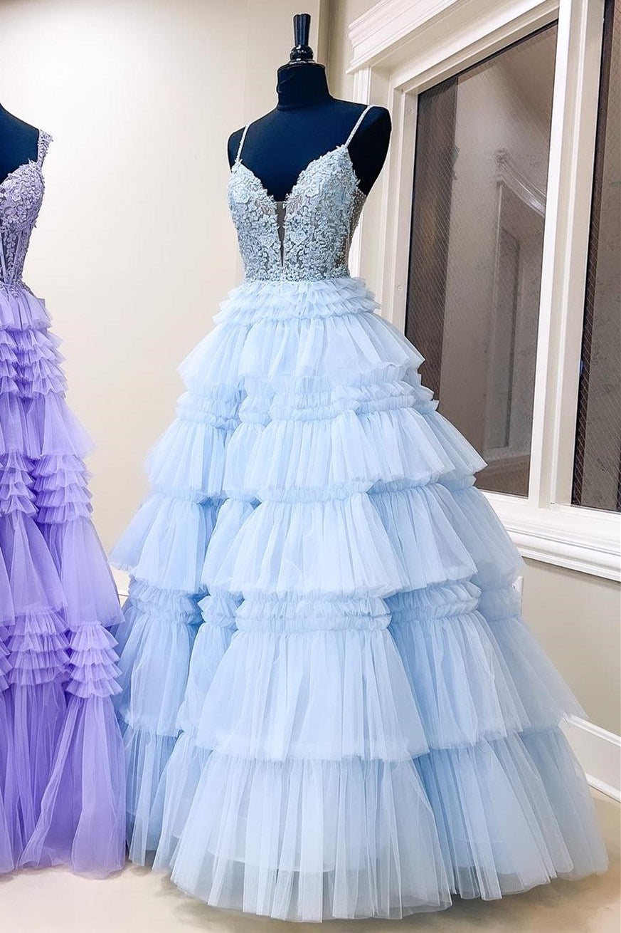 Hadlee | Black Beaded Spaghetti Strap Ruffle Tiered Ball Gown - Prom Dress - DYAVOR®