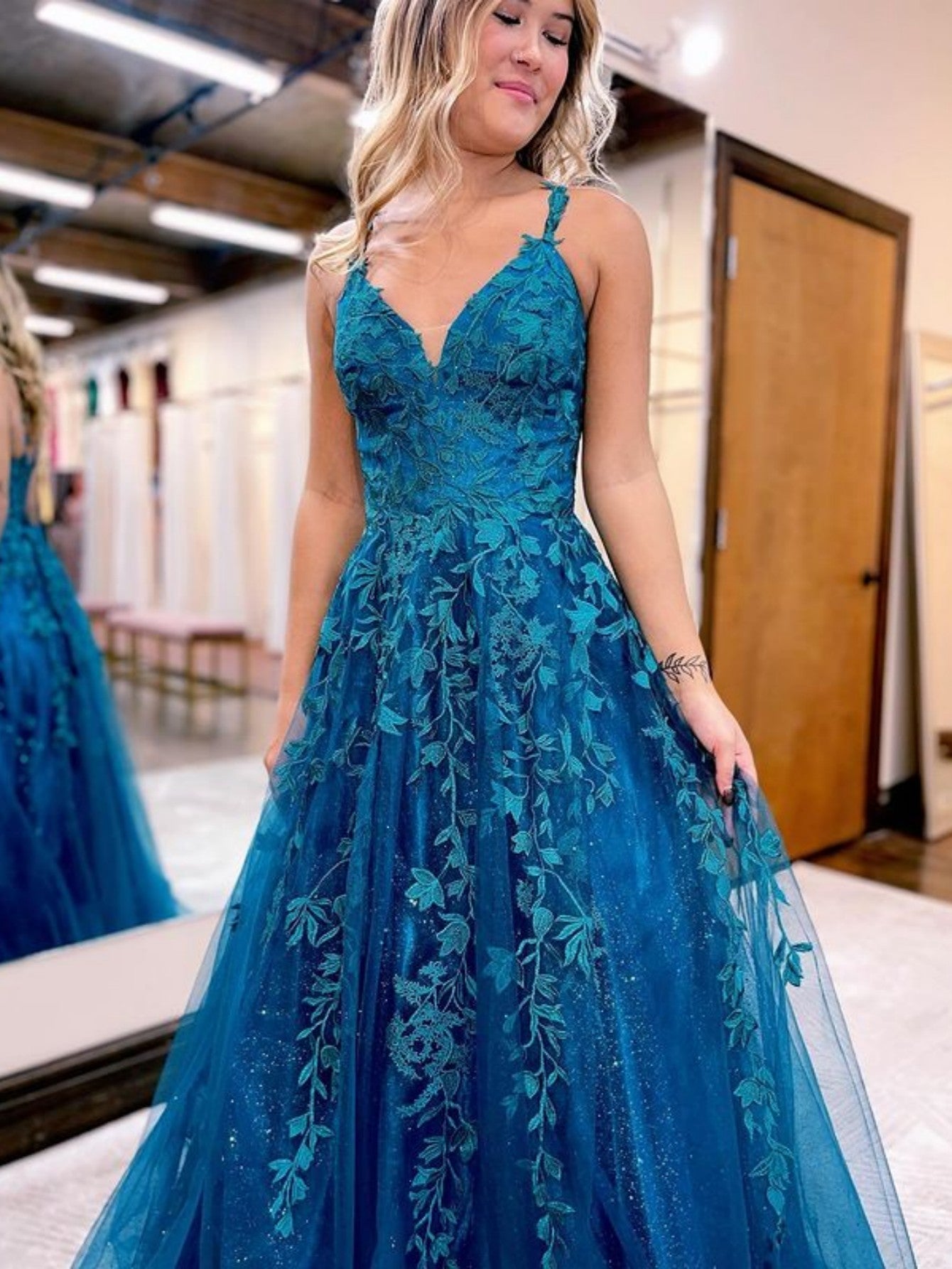 Veronica |A Line Ink Blue Glitter Tulle Lace Prom Dress - Prom Dress - DYAVOR®