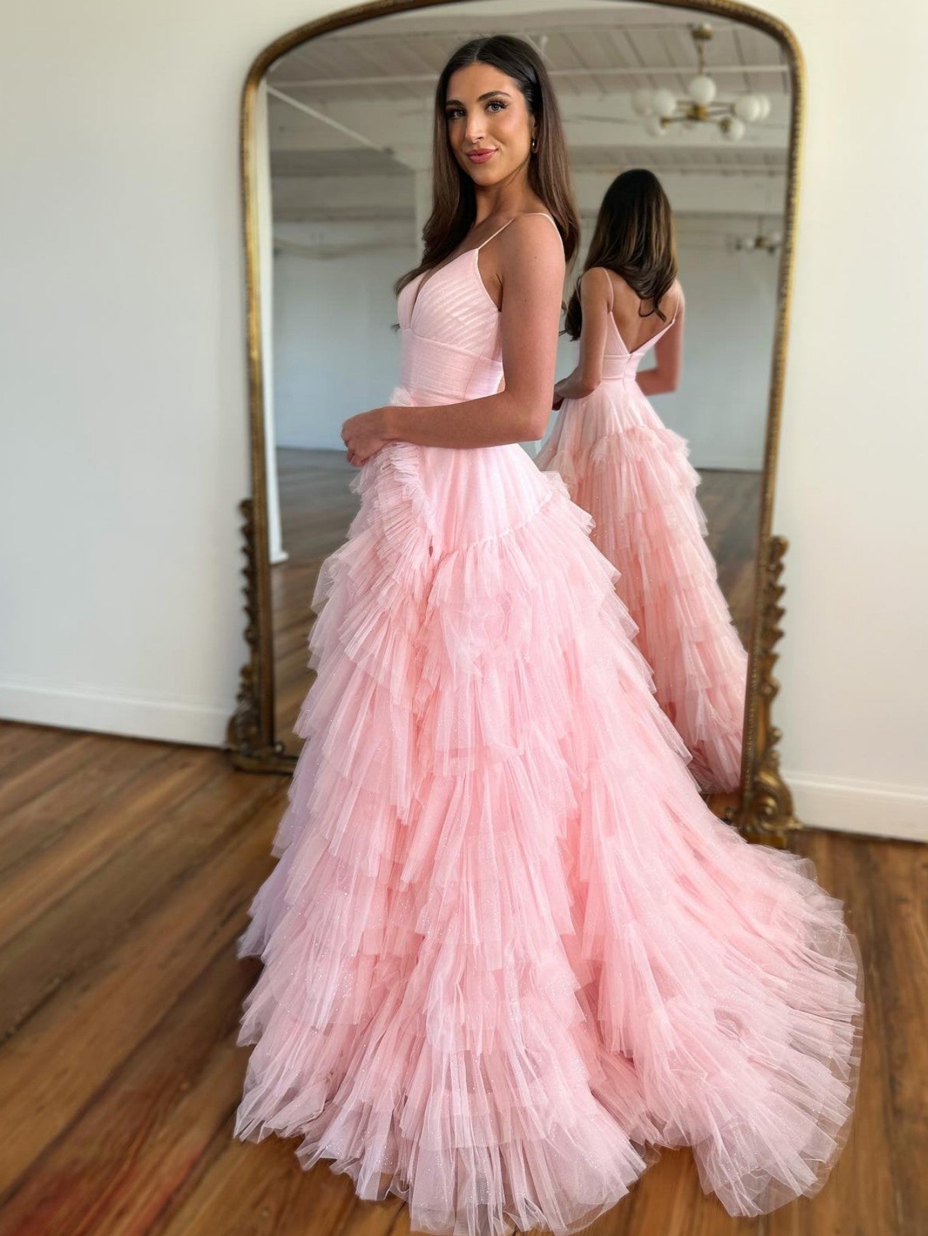 Alianna | Light Pink A-Line Tiered Spaghetti Straps Tulle Prom Dress - Prom Dress - DYAVOR®