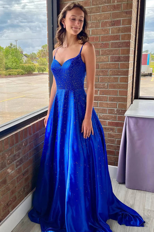 Athena | A-Line Spaghetti Straps Royal Blue Long Prom Dress with Beading - Prom Dress - DYAVOR®