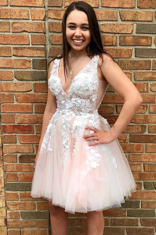 Tabitha |A-line V Neck Tulle Applique Homecoming Dress - Homecoming Dress - DYAVOR®