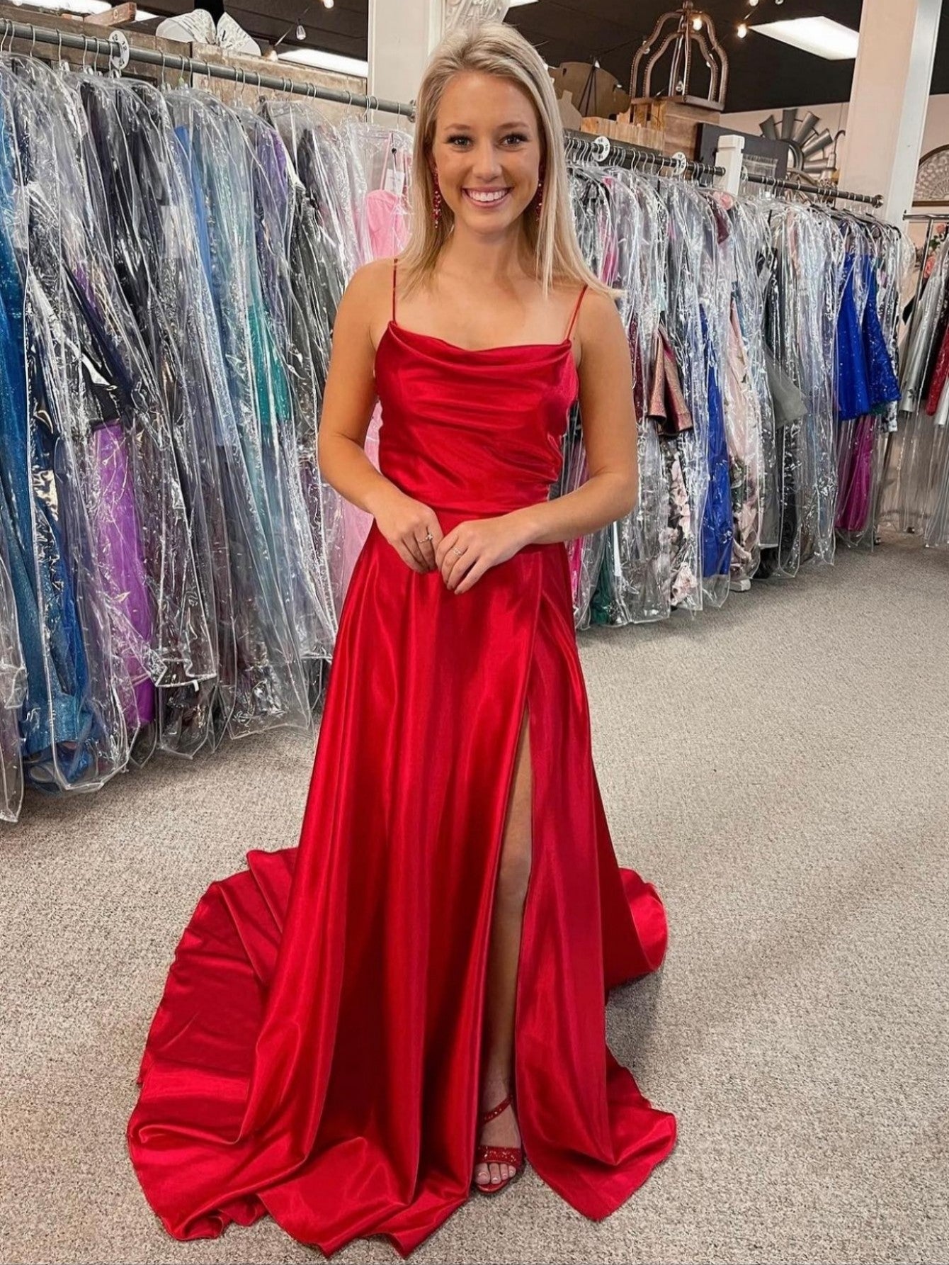 Araya |A Line Cowl Neck Satin Prom Dress With Slit - Prom Dress - DYAVOR®
