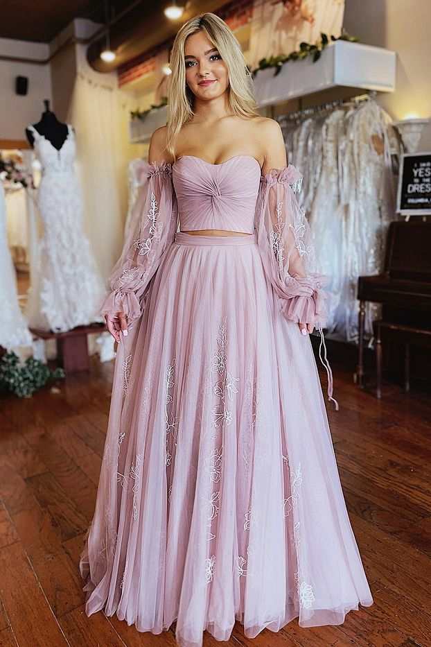 Two-Piece Dusty Pink Strapless A-Line Prom Dress with Sleeves - Prom Dress - DYAVOR®